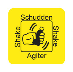 Etiket "schudden" 20x20mm per 500 in dispenserdoos