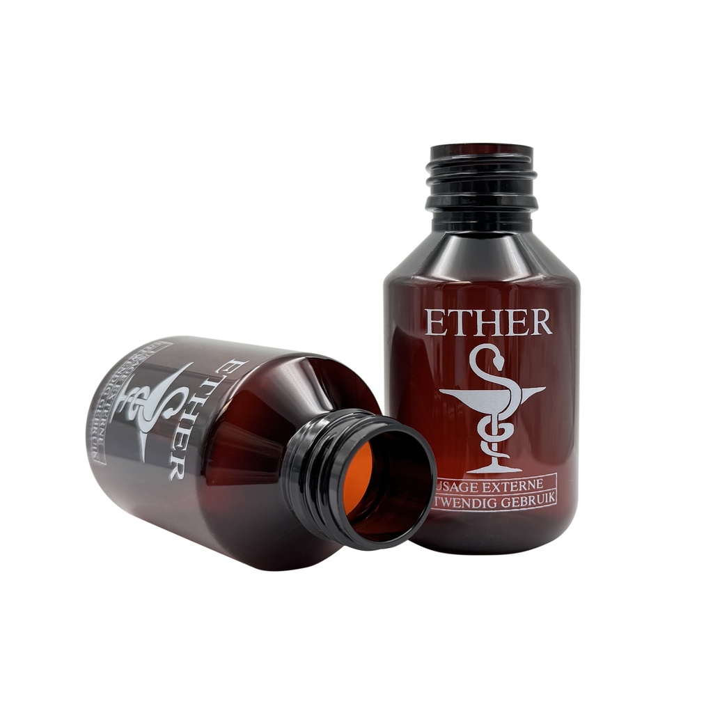 Fles PET bedrukt Ether veral bruin 100mL din28 per 50