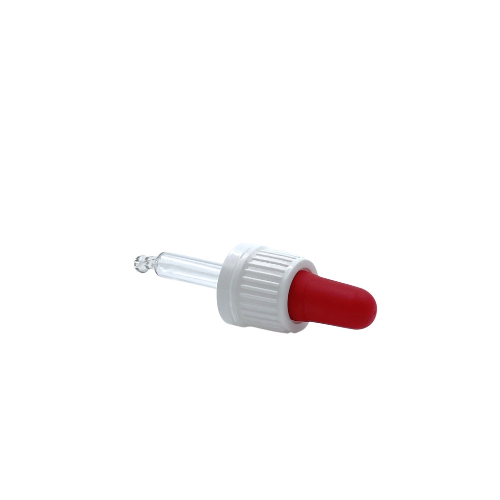 Tapón cuentagotas din18 vidrio precintable blanco/rojo para 10-15mL (57mm) por 25st