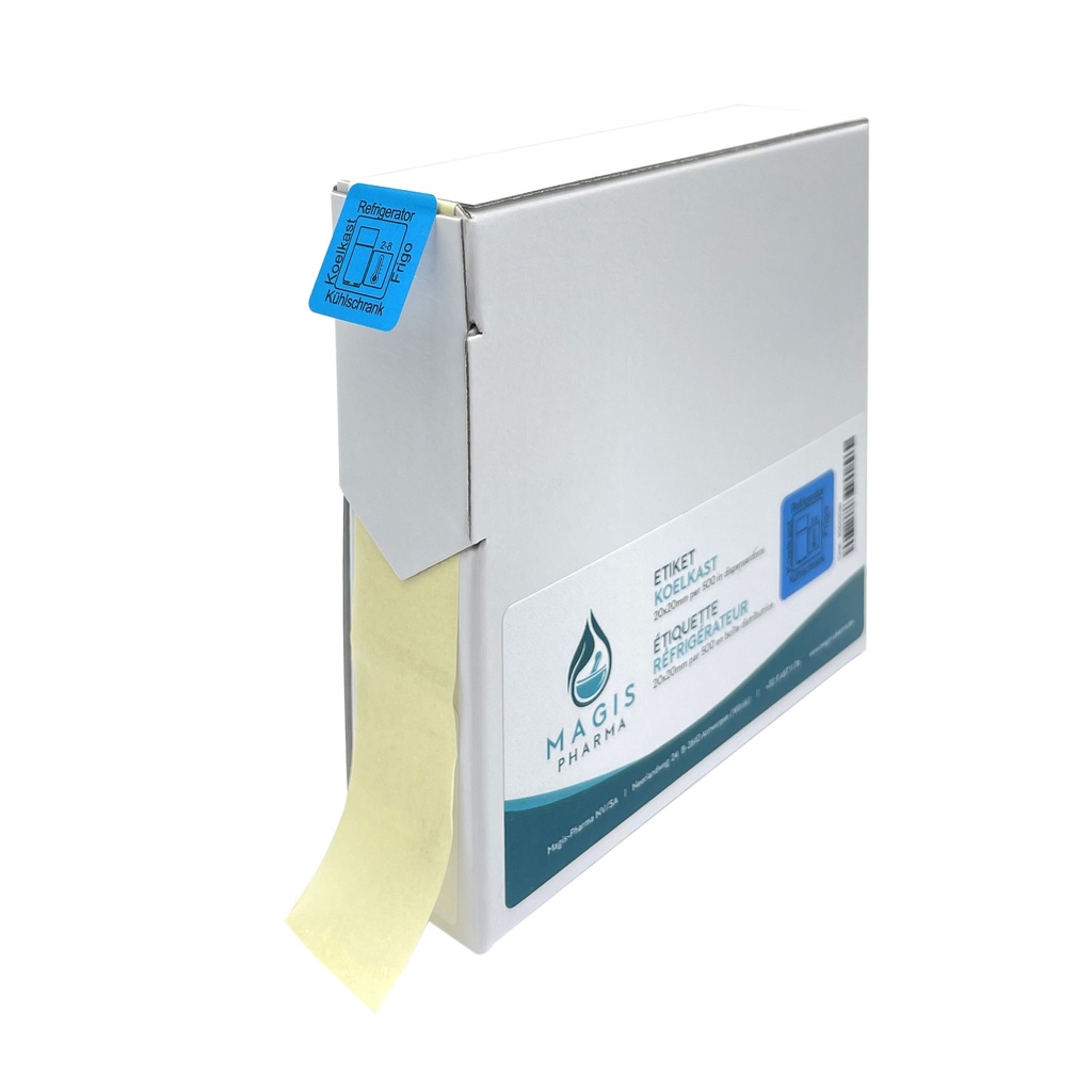 Etiket "koelkast" 20x20mm per 500 in dispenserdoos