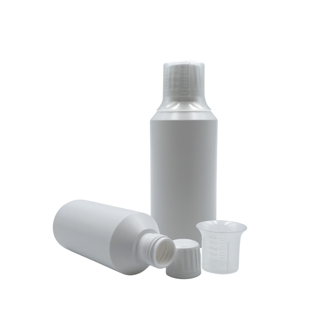 Mondspoel set: Fles wit 250mL + dop + doseerbeker per 25