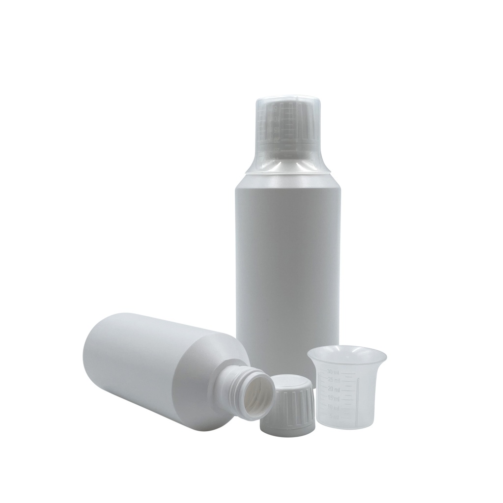 Mouthwash set: Bottle white 250mL + cap + dosing cup per 25