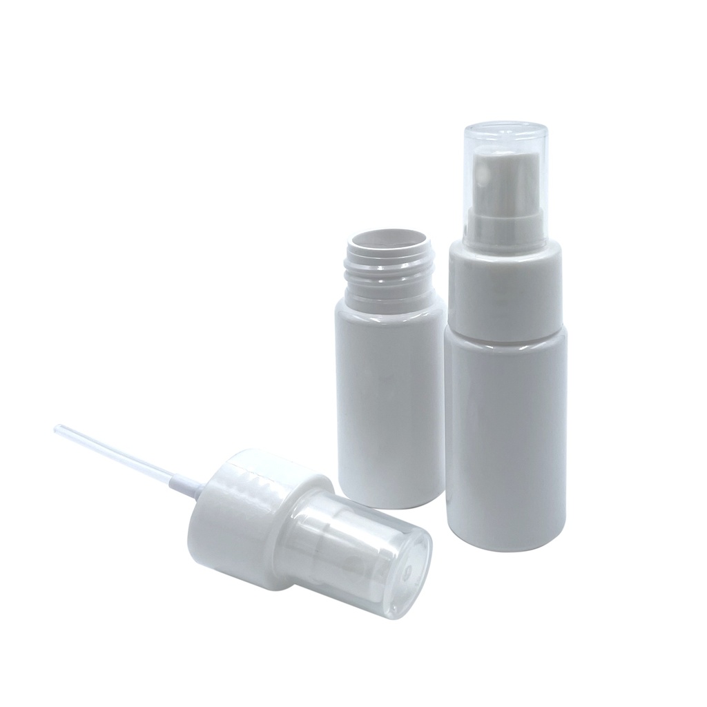 Set spray piel: Frasco PET blanco 30mL + spray + tapón por 33