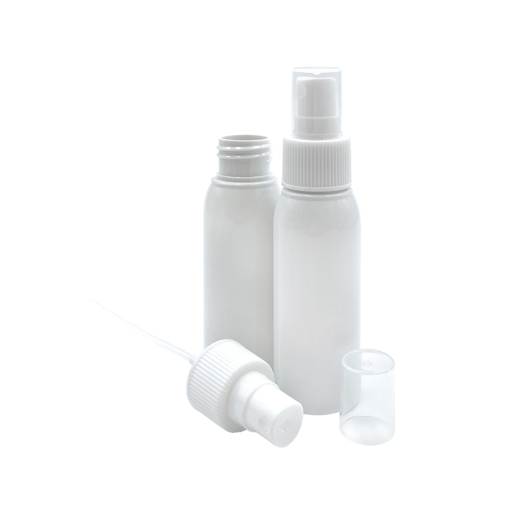 Huidspray set: Fles PET wit 60mL + spray + cap per 33