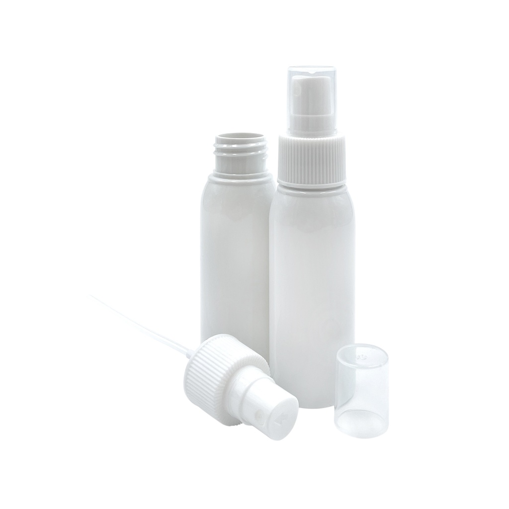 Huidspray set: Fles PET wit 60mL + spray + cap per 33